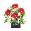 Fresh As a Daisy Gift Box, red and white flowers, including alstroemeria, daisies, gerberas, and roses, elegantly presented in a black designer hat box, Mixed Floral Gifts from Blooms New Jersey - Same Day New Jersey Delivery.
