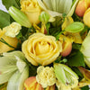Gold & Cream Mixed Arrangement, pale yellow and cream-coloured alstroemeria, lilies, roses, tulips, mini carnations, salal, and eucalyptus in a modern white ceramic pot, Mixed Floral Gifts from Blooms New Jersey - Same Day New Jersey Delivery.