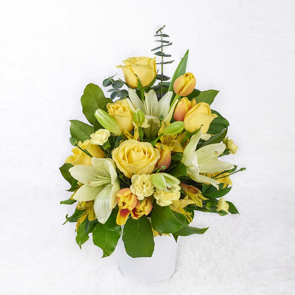 Gold &amp; Cream Mixed Arrangement, pale yellow and cream-coloured alstroemeria, lilies, roses, tulips, mini carnations, salal, and eucalyptus in a modern white ceramic pot, Mixed Floral Gifts from Blooms New Jersey - Same Day New Jersey Delivery.