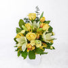 Gold & Cream Mixed Arrangement, pale yellow and cream-coloured alstroemeria, lilies, roses, tulips, mini carnations, salal, and eucalyptus in a modern white ceramic pot, Mixed Floral Gifts from Blooms New Jersey - Same Day New Jersey Delivery.