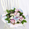 Graceful Blue Hydrangea Bouquet, cymbidium orchids, hydrangeas, roses, spray roses, and wax flowers in a floral wrap and tied with designer ribbon, Mixed Floral Gifts from Blooms New Jersey - Same Day New Jersey Delivery.