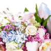 Graceful Blue Hydrangea Bouquet, cymbidium orchids, hydrangeas, roses, spray roses, and wax flowers in a floral wrap and tied with designer ribbon, Mixed Floral Gifts from Blooms New Jersey - Same Day New Jersey Delivery.