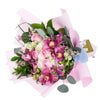 Graceful Pink Hydrangea Bouquet, cymbidium orchids, hydrangeas, roses, spray roses, and wax flowers in a floral wrap and tied with designer ribbon, Mixed Floral Gifts from Blooms New Jersey - Same Day New Jersey Delivery.