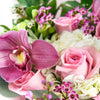 Graceful Pink Hydrangea Bouquet, cymbidium orchids, hydrangeas, roses, spray roses, and wax flowers in a floral wrap and tied with designer ribbon, Mixed Floral Gifts from Blooms New Jersey - Same Day New Jersey Delivery.