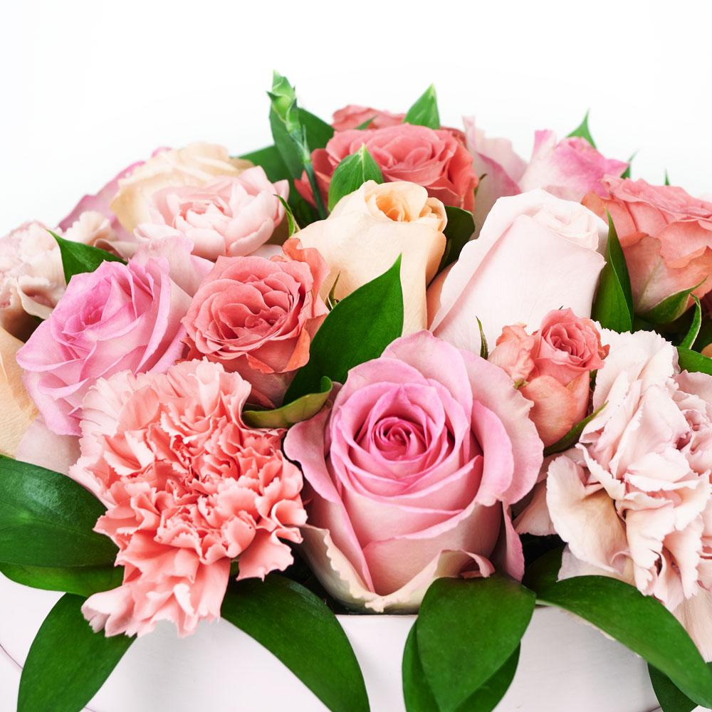 Graceful Pink Mixed Hat Box, gerbera, alstroemeria, salal, roses, carnations, and baby’s breath in a tall, round, green hat box, Mixed Floral Gifts from Blooms New Jersey - Same Day New Jersey Delivery.