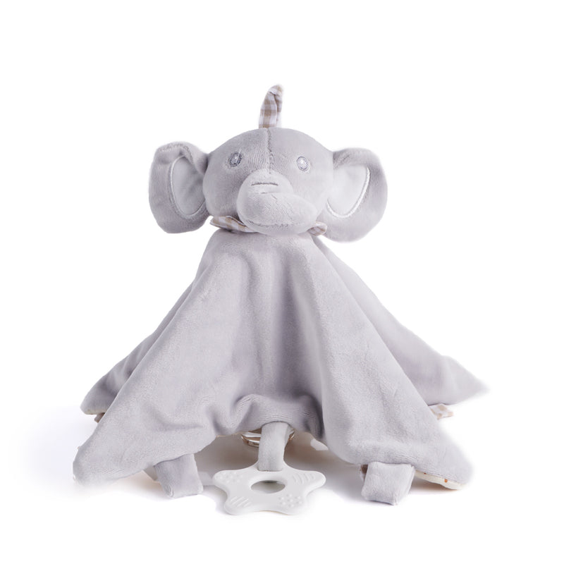 Grey Plush Elephant Blanket, plush elephant head and an attached plastic ring for teething, from Blooms New Jersey - Same Day New Jersey Delivery.