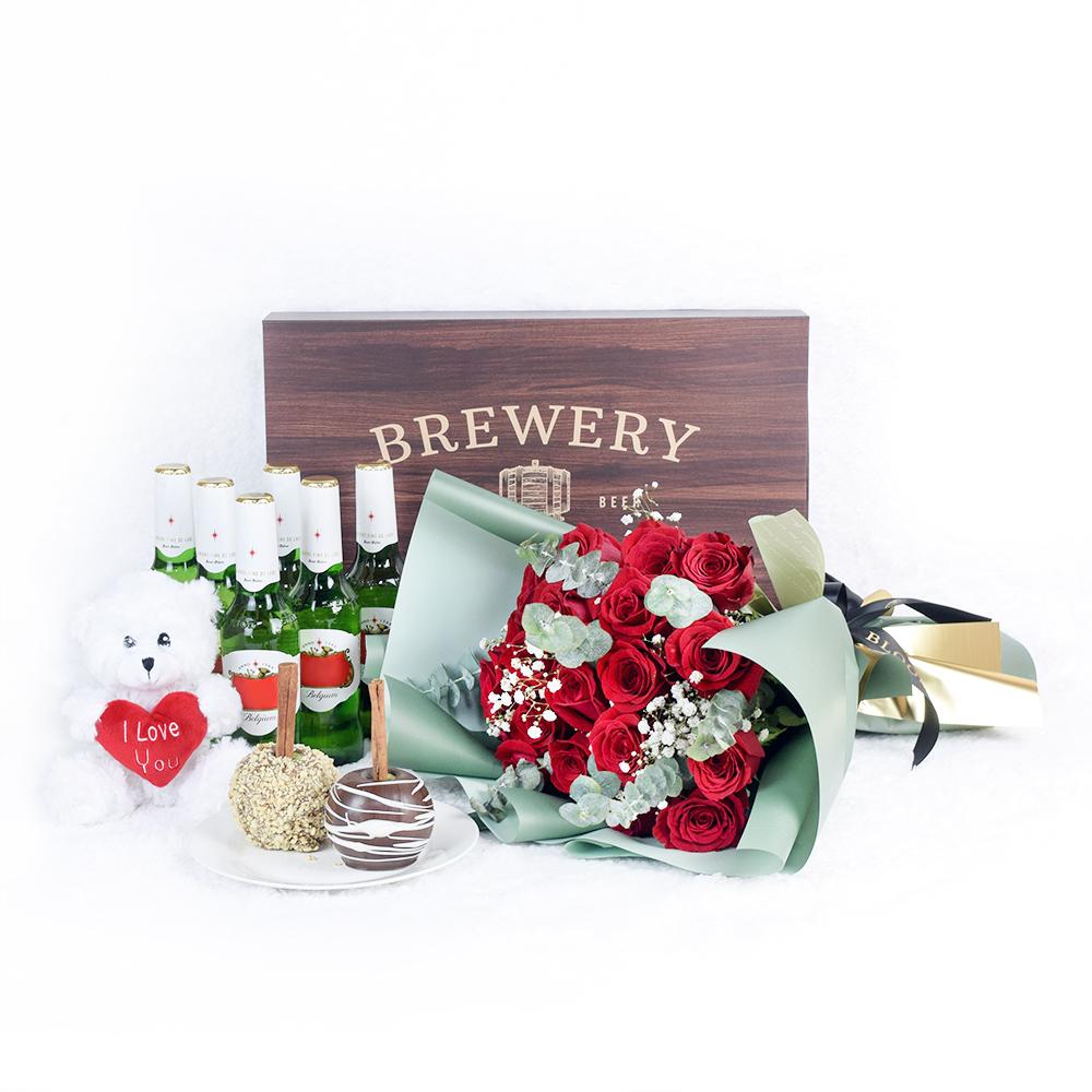 It's A Fun Surprise! Flowers &amp; Beer Gift, red roses, baby’s breath, and eucalyptus in a floral wrap with designer ribbon, Six beers, Little Tommy Bear 6", chocolate covered apples are fresh, ripe apples dipped in melted chocolate and rolled in various toppings, Flowers &amp; Beer Gifts from Blooms New Jersey - Same Day New Jersey Delivery.