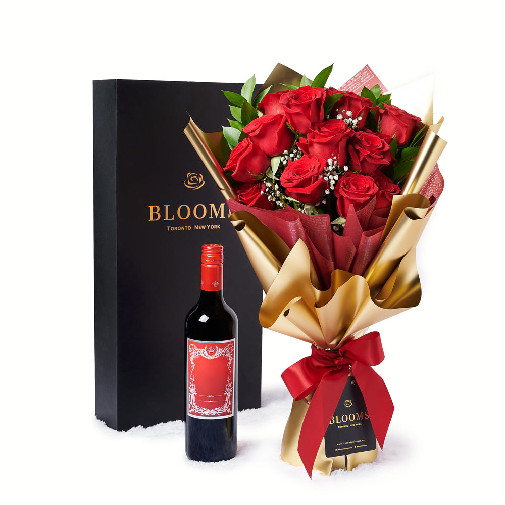Valentine's Day 12 Stem Red Rose Bouquet With Box Champagne, Champagne  Gift Delivery