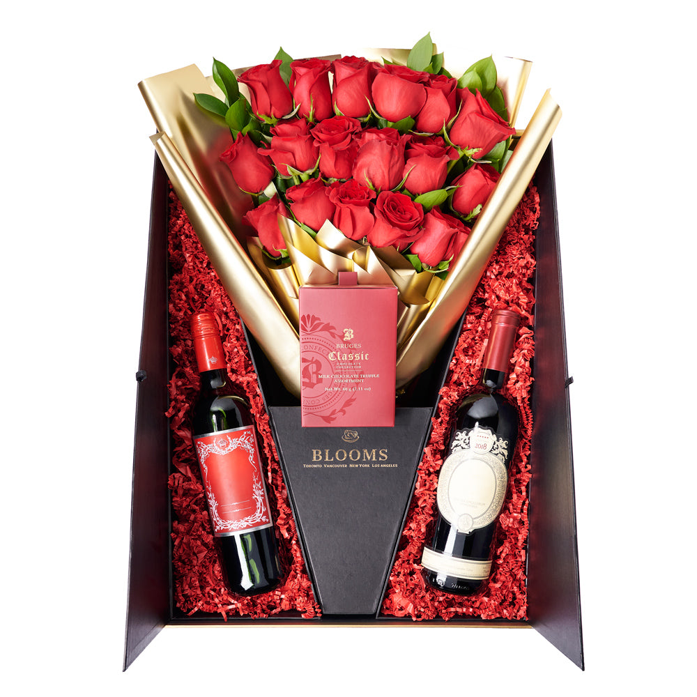Valentine's Day 18 Stem Red Roses With Chocolate & Wine, Valentine's Day gifts, wine gifts, New Jersey Same Day Flower Delivery. New Jersey Blooms