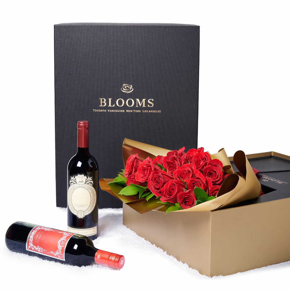 Valentine's Day 18 Stem Red Roses With Chocolate & Wine, Valentine's Day gifts, wine gifts, New Jersey Same Day Flower Delivery. New Jersey Blooms