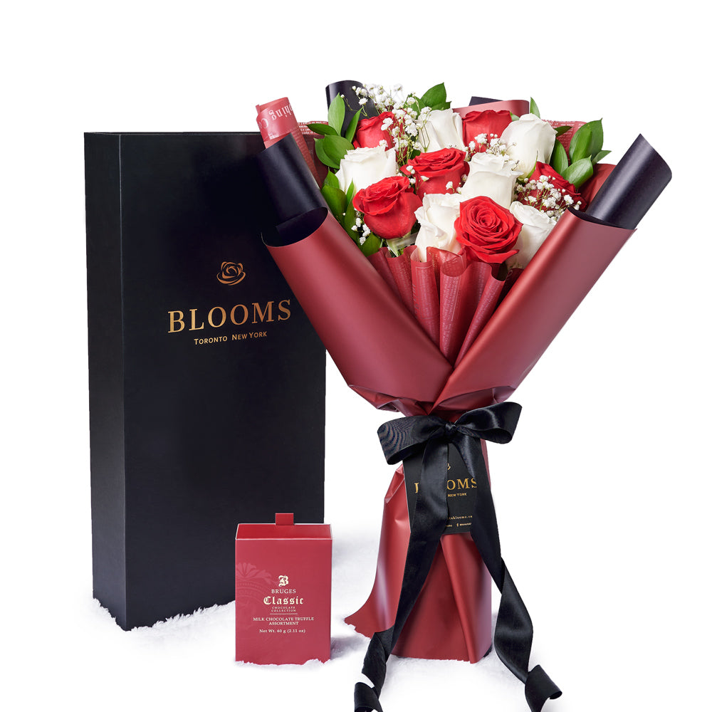 Valentine's Day Dozen Red & White Rose Bouquet With Box