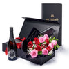 Valentine’s Day 12 Stem Red & Pink Rose Bouquet With Box & Champagne, New Jersey Same Day Flower Delivery, sparkling wine gifts