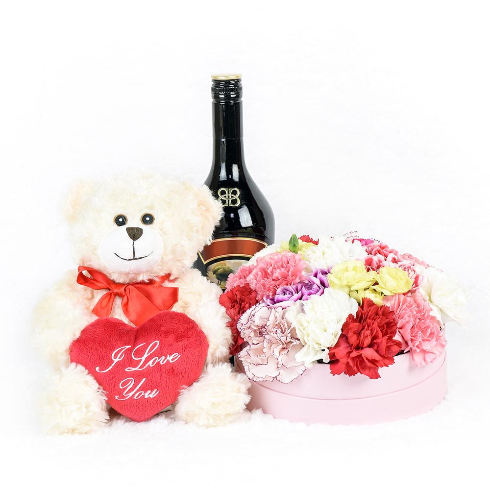 Love in Paris Flowers &amp; Spirits - Carnations in a hat box arrangement with bear and liquor - New Jersey Blooms - New Jersey Flower Delivery