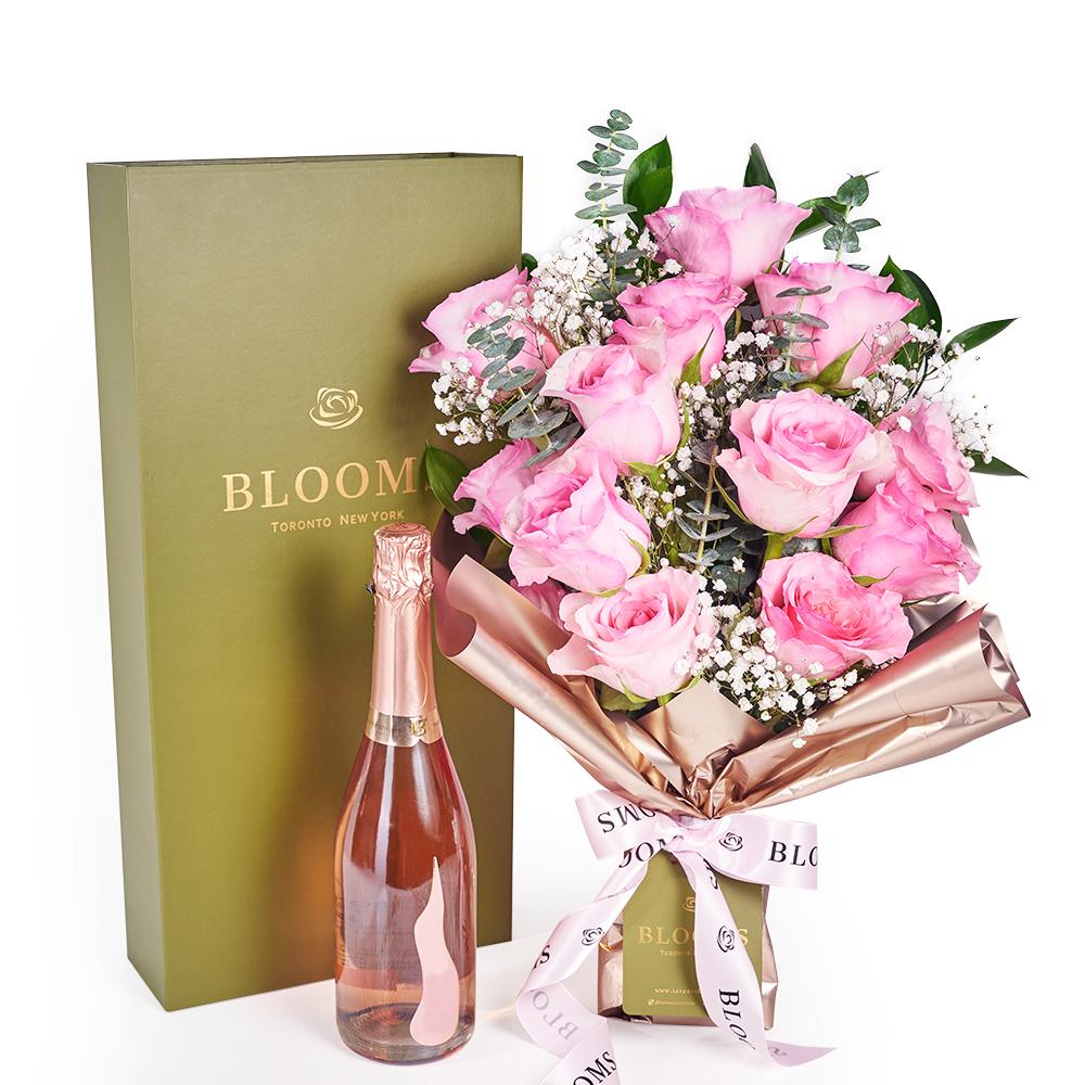 Mother's Day 12 Stem Pink Rose Bouquet with Box &amp; Champagne - New Jersey Blooms - New Jersey Mother's Day Flower Delivery