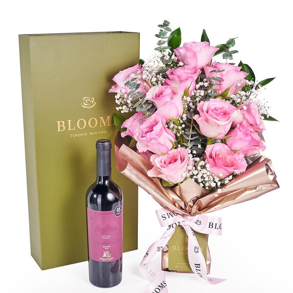 Mother's Day 12 Stem Pink Rose Bouquet with Box &amp; Wine - New Jersey Blooms - New Jersey Mother's Day Flower Delivery