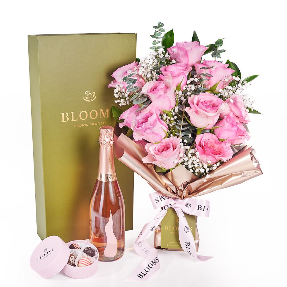 Mother's Day Dozen Pink Rose Bouquet with Box, Champagne &amp; Chocolate - New Jersey Blooms - New Jersey Mother's Day Flower Delivery