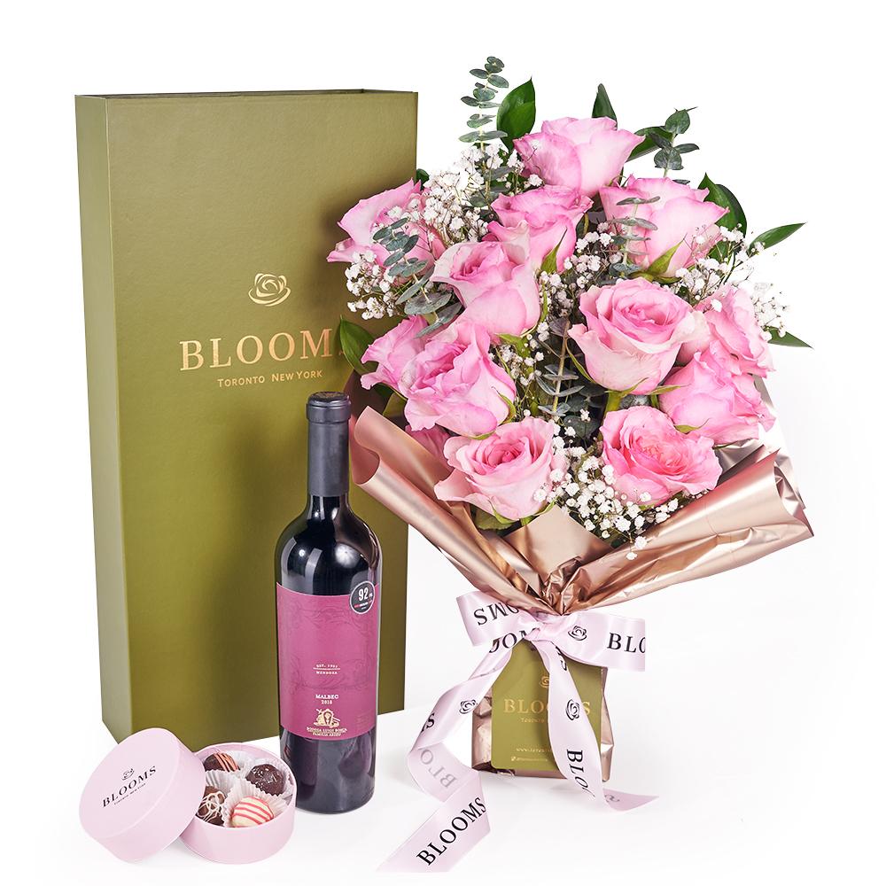 Mother's Day Dozen Pink Rose Bouquet with Box, Wine, &amp; Chocolate - New Jersey Blooms - New Jersey Mother's Day Flower Delivery