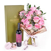 Mother's Day Dozen Pink Rose Bouquet with Box, Wine, & Chocolate - New Jersey Blooms - New Jersey Mother's Day Flower Delivery
