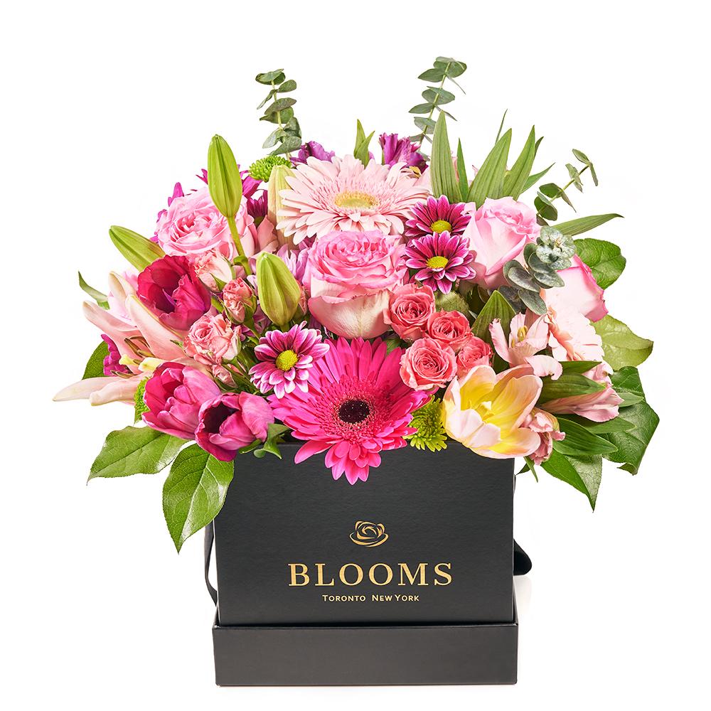 Mother's Day Select Floral Gift Box, all pink lilies, roses, tulips, alstroemeria, gerbera, and daisies presented in a black designer square hat box, Mixed Floral Gifts from Blooms New Jersey - Same Day New Jersey Delivery.