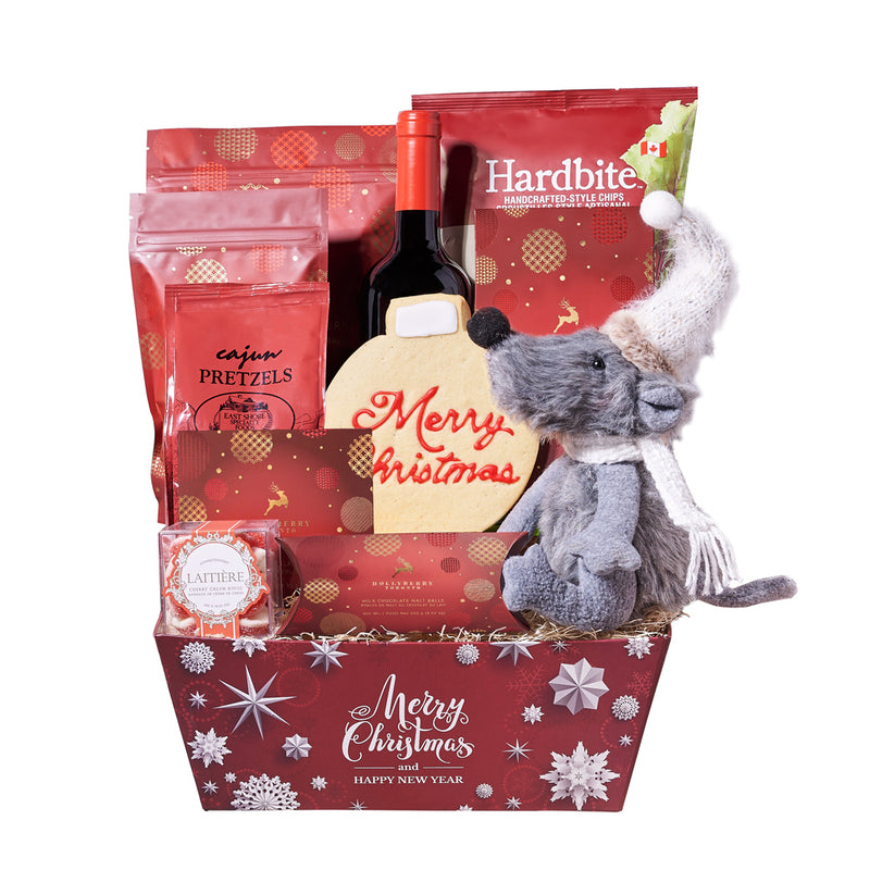 Holiday Mouse & Wine Gift Basket, wine gift basket, wine, wine gift, gourmet gift basket, gourmet, christmas gift basket, christmas gift, christmas, holiday gift basket, holiday, holiday gift, candy gift, candy