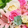 Pastel Dreams 12 Stem Mixed Rose Mother's Day Edition, roses, lilies, alstroemeria, and mini carnations in a floral wrap and tied with designer ribbon, Mixed Floral Gifts from Blooms New Jersey - Same Day New Jersey Delivery.