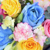 Rainbow Blossoms Mixed Arrangement, roses, carnations, tulips, alstroemeria and eucalyptus in a square black hat box, Mixed Floral Gifts from Blooms New Jersey - Same Day New Jersey Delivery.