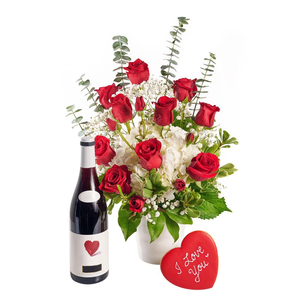 Rose &amp; Hydrangea Vase with Wine - New Jersey Blooms - New Jersey Flower Delivery