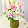 Spring Forth Mixed Floral Gift, hydrangea, lily, roses, and daisies in a green hat box, Floral Gifts from Blooms New Jersey - Same Day New Jersey Delivery.