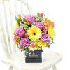 Summer Dreams Mixed Arrangement, multi-hued blooms and stems, including daisies, roses, alstroemeria, mini carnations, gerbera, spider mums, and baby’s breath arranged in a stylish square black hat box, Mixed Floral Gifts from Blooms New Jersey - Same Day New Jersey Delivery.