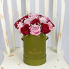 Elegant Rose Duo Arrangement, lovely mix of pink and red roses with a sprinkle of baby’s breath, in a tall green designer hat box, Mixed Flower Gifts from Blooms New Jersey - Same Day New Jersey Delivery.