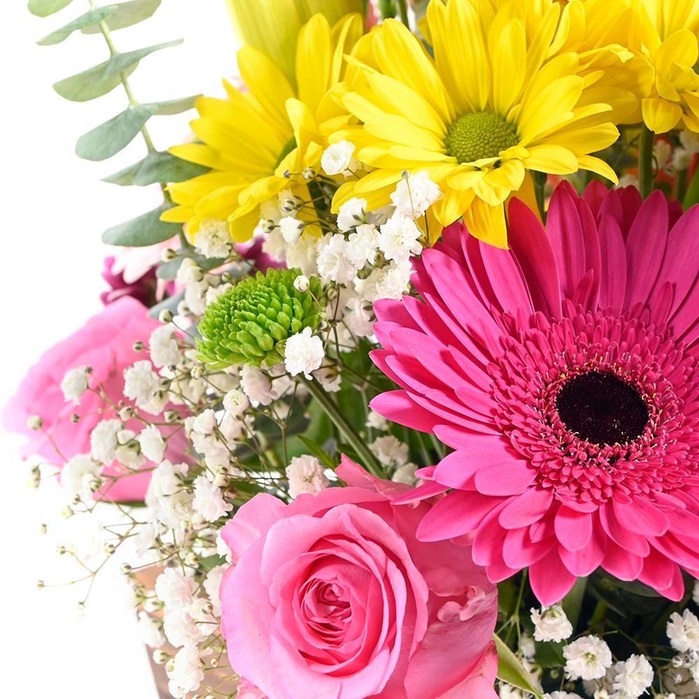 Mother's Day Floral Wooden Cart, daisies, gerbera, lilies, roses, spray roses, baby’s breath, and eucalyptus in a wooden cart planter, Mixed Floral Gifts from Blooms New Jersey - Same Day New Jersey Delivery.