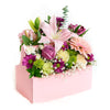 Think of Pink Box Arrangement, alstroemeria, gerbera, ruscus, green daisies, mini carnations, eucalyptus, daisies, roses, carnations, baby’s breath, and lilies in a charming pink wooden toolbox, Mixed Floral Gifts from Blooms New Jersey - Same Day New Jersey Delivery.
