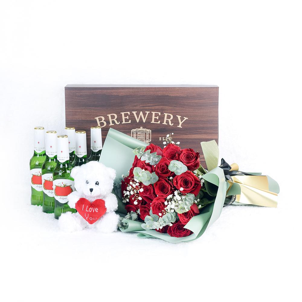 Time To Celebrate Flowers & Beer Gift, red roses, baby’s breath, and eucalyptus in a floral wrap with designer ribbon, Six beers, Little Tommy Bear 6