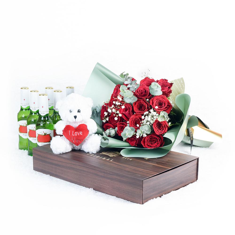 Time To Celebrate Flowers & Beer Gift, red roses, baby’s breath, and eucalyptus in a floral wrap with designer ribbon, Six beers, Little Tommy Bear 6