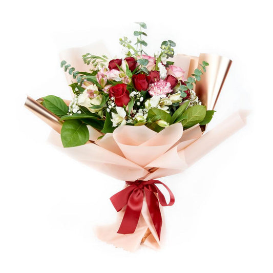 Vintage Elegance Mixed Bouquet, roses, carnations, alstroemeria, and spray roses in shades of red, white and pink, along with baby’s breath and eucalyptus gathered in a floral wrap and tied with a designer ribbon, Mixed Flower Gifts from Blooms New Jersey - Same Day New Jersey Delivery.