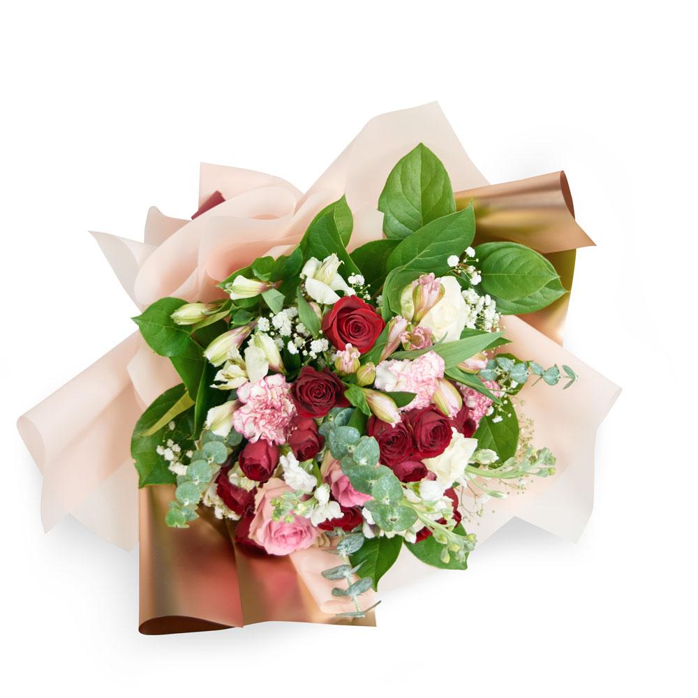 Vintage Elegance Mixed Bouquet, roses, carnations, alstroemeria, and spray roses in shades of red, white and pink, along with baby’s breath and eucalyptus gathered in a floral wrap and tied with a designer ribbon, Mixed Flower Gifts from Blooms New Jersey - Same Day New Jersey Delivery.