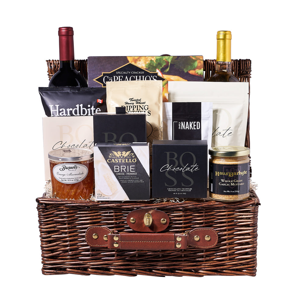 Wine &amp; Snack Assortment Basket, wine gift, wine, gourmet gift, gourmet, chocolate gift, chocolate, gift basket, gift