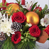 Candlelit Holiday Floral Arrangement, candles, roses, spider chrysanthemums, carnations, chrysanthemums, pine cones, alstroemeria, and greenery in a metal tin container, mixed floral gifts from Blooms New Jersey - Same Day New Jersey Delivery.