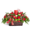 Christmas Cheer Floral Centerpiece, pine, cedar, roses, chrysanthemums, daisies, pine cones, a candle, a Christmas decoration, glass ornaments, and ribbon in a dark wicker basket, Holiday Gifts from Blooms New Jersey - Same Day New Jersey Delivery.
