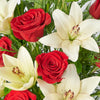 Winter Flower Arrangement, red roses, lilies, chrysanthemums, and greens in a ceramic pot, floral gifts from Blooms New Jersey - Same Day New Jersey Delivery.